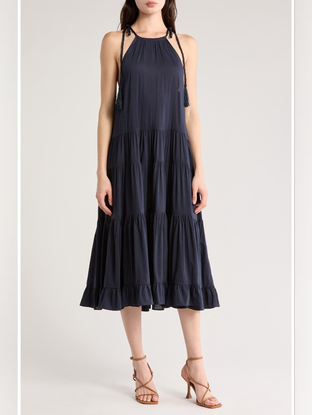 Cinq A'Sept Winnie Tiered Trapeze Dress Midi Boho Halter Blue Festival Large